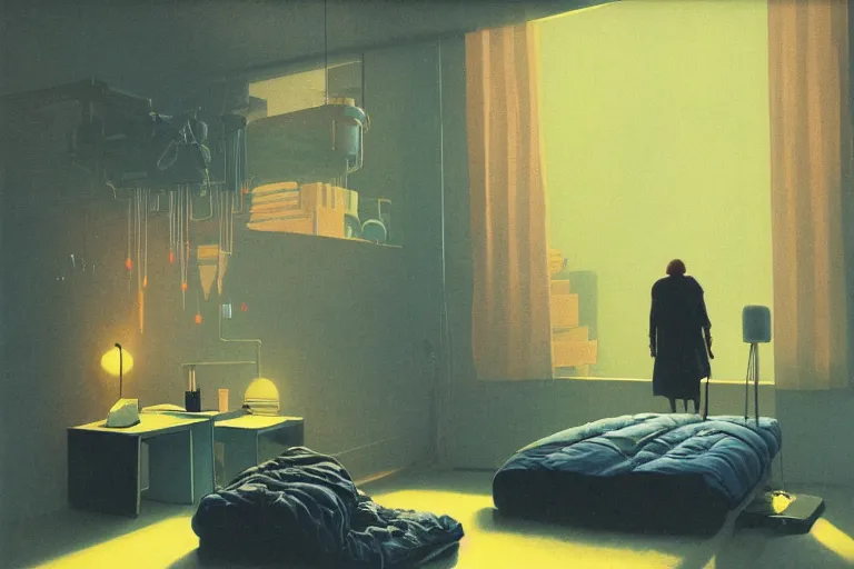Prompt: IKEA catalogue photo, cyberpunk teenager bedroom, robots, by Beksiński