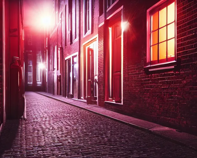 Prompt: view of a moonlit street in de rosse buurt, a window with a red light containing an nvidia gpu in a miniskirt, photorealistic atmospheric sensual lighting