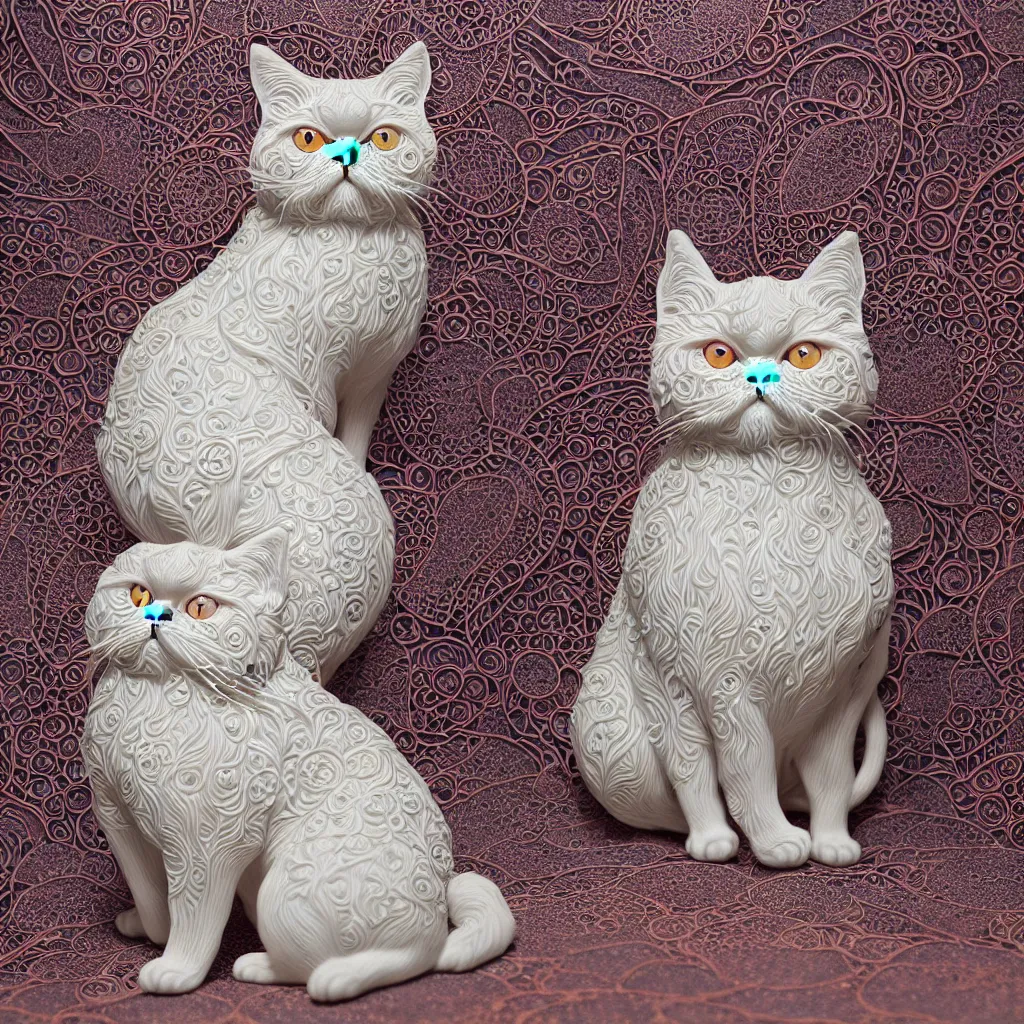 Image similar to a single close up photo - real delicate ceramic porcelain sculpture of an ornate symmetrical persian cat detailed in front of an intricate background by victo ngai and takato yamamoto, micro detail, backlit lighting, face in focus, subsurface scattering, translucent, thin porcelain, octane rendered, colorful, physically based rendering, japanese pottery, trending on cgsociety