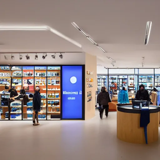 Image similar to interior photography of a Microsoft Samsung flagship store in the style of Wes Anderson and Denis Villeneuve, retaildesignblog, dezeen, 14mm, pentax, film