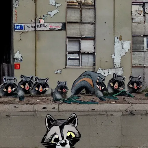 Prompt: a gang of raccoons destroying the city in the style of banksy, trending on ArtStation