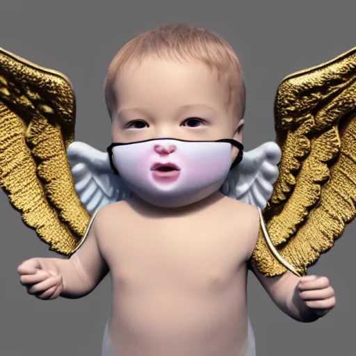 Image similar to a high tech 3 d rendering of a a baby cherub angel wearing a balaclava face mask, ski mask, face covered, covered face, fixed eyes, tattoos, multiple gold cuban chain necklace, concept art octane render, blender, cinema 4 d