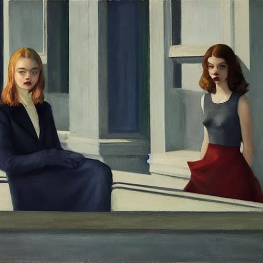 Image similar to elle fanning, ana de armas, anya taylor joy in prey picture by edward hopper, asymmetrical, dark vibes, realistic painting, organic painting, matte painting, geometric shapes, hard edges, graffiti, street art : 2 by edward hopper : 4