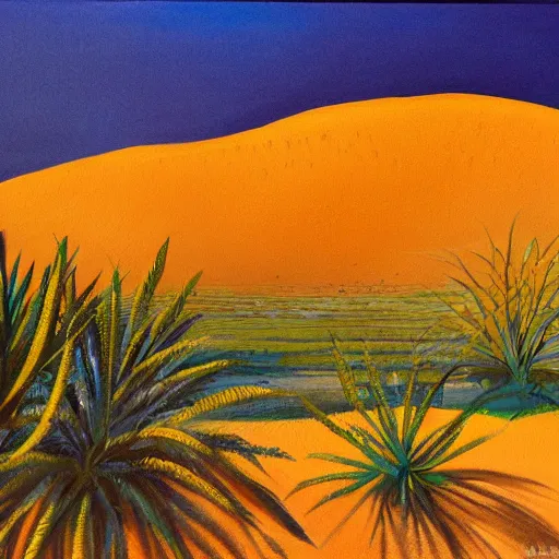 Image similar to a painting of oasis in desert, dramatic lighting, wind