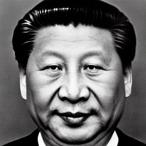 Image similar to photo of Xi Jinping by Diane Arbus, extreme closeup, black and white, high contrast, Rolleiflex, 55mm f/4 lens