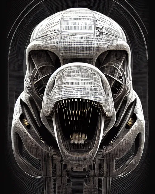 Prompt: mechanical robot trex transformer dinosaur head, bold line symmetrical illustration by peter gric, hr giger, kim jung gi, joe fenton, scifi, screen print, art station, pistons and engine parts, sharp, high contrast, hyper detailed,