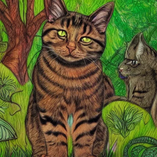 Image similar to Accurate and realistic representation of a cat in a magical dense, lush forest filled with wisdom, love, and courage.. Epic composition. Harmonic colored disposition, expertly blended and shaded. HD. 8k. 4.k HQ. UHD . Colored pencils and color inks on two joined sheets of paper