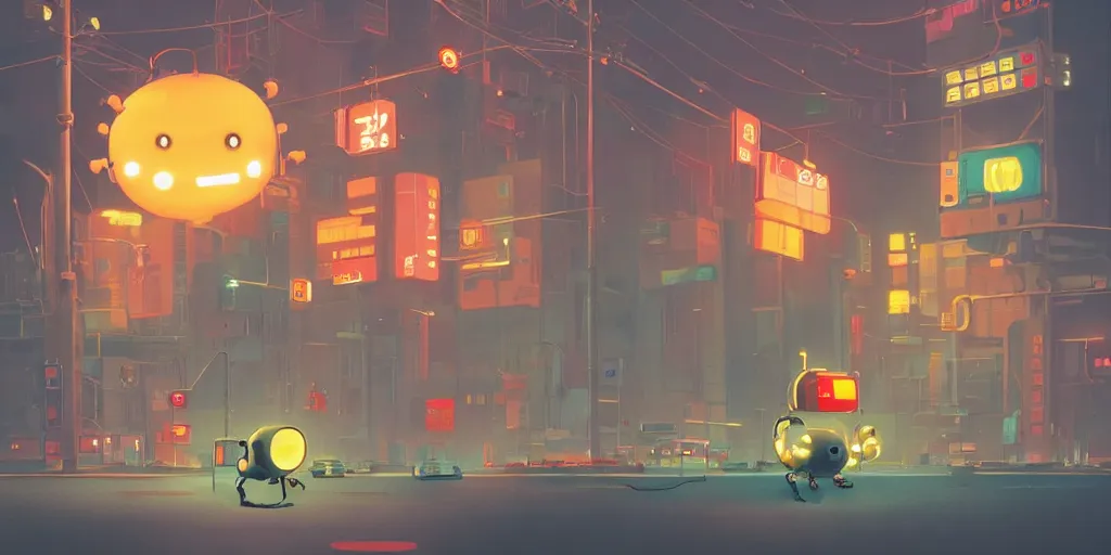 Prompt: cute cartoon robot in Tokyo at night by Goro Fujita and Simon Stalenhag , 8k, trending on artstation, hyper detailed, cinematic