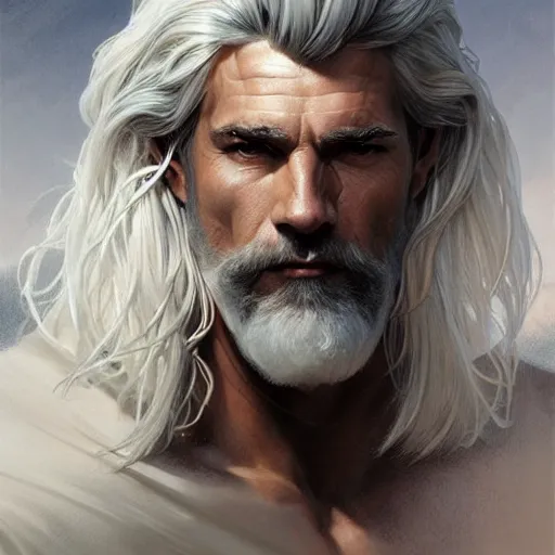 Prompt: portrait of a ruggedly handsome paladin, white hair, muscular, half body, leather, hairy, d & d, fantasy, intricate, elegant, highly detailed, digital painting, artstation, concept art, smooth, sharp focus, illustration, art by artgerm and greg rutkowski and alphonse mucha