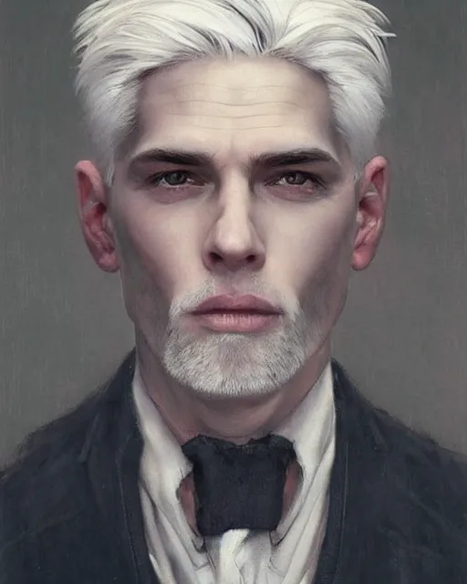 Image similar to portrait of 4 0 - year - old man with white hair with a pale complexion, pointed face and grey eyes, clear smooth face, no beard, wearing all black clothes, haughty facial expression, hyper realistic face, beautiful eyes, close up, fantasy art, in the style of greg rutkowski, intricate, alphonse mucha, hyper detailed, smooth