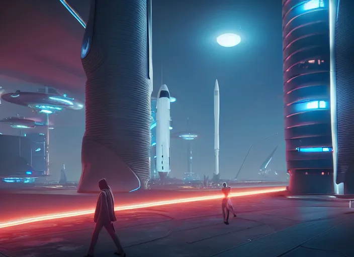 Image similar to a futuristic colony, blade runner 2 0 4 9 city architecture, spacex starship rocket launch site, environmental lighting, stromy weather, ray tracing, people walking on street, amazing view, highly detailed, heavy traffic, neon shops, octane render, unreal engine 5, 4 k