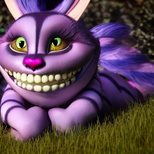 Image similar to smiling cheshire cat, doll figurine, alice in wonderland theme, octane render 8 k, disney inspired landscape, artstation, cinematic lighting, hd, ultra realistic