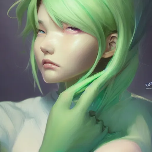 Prompt: a portrait of wlop, pastel green, art by lois van baarle and loish and ross tran and rossdraws and sam yang and samdoesarts and artgerm and saruei and disney and wlop, digital art, highly detailed, intricate, sharp focus, trending on artstation hq, deviantart, unreal engine 5, 4 k uhd image