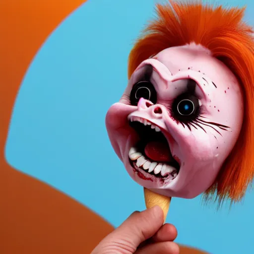 Prompt: ice cream popsicle shaped like screaming chucky doll, octane render, ultrarealistic