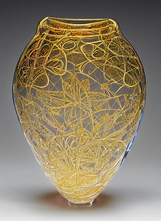 Image similar to Vase in the shape of impossible geometry by Escher, intricate gold threads, containing colorful flowers, designed by Rene Lalique