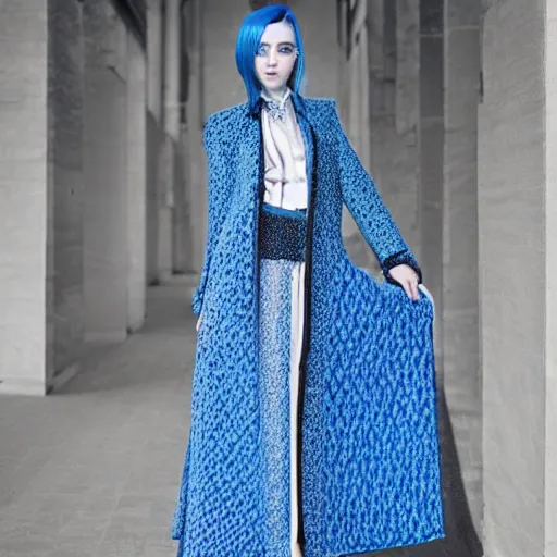 Image similar to fashion 2 0 5 0 fantastic openwork long coat with intricate pattern on a beautiful symmetrical girl with blue hair, hyper realistic photos