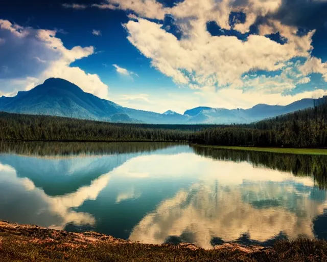 Prompt: mountains with a small lake, clouds in the sky, water reflecting suns light, dramatic landscape mode made by Clay Collier