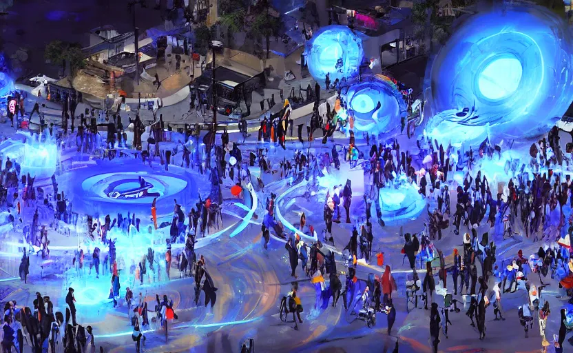 Image similar to crowd of crazy people with posters attacking cops in front a huge blue spiral - shaped bright white luminous attractor that is floating and stores in los angeles with light screens all over the street, concept art, art for the game, professional lighting, night lighting from streetlights