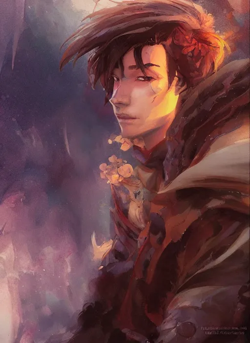 Image similar to a portrait of a male character in a scenic environment by Ross Tran and by Jesper Ejsing and by Mikalojus Konstantinas Ciurlionis