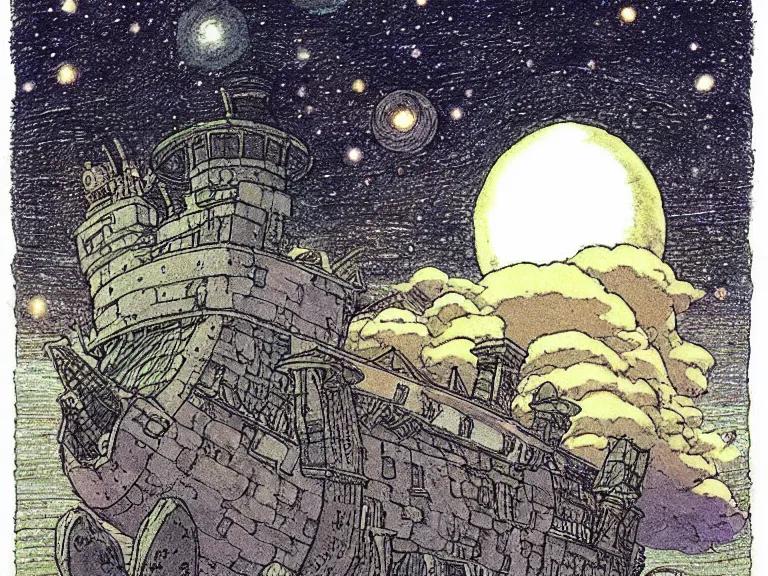 Prompt: cell shaded studio ghibli movie still fantasy concept art of a ufo from howl's moving castle sitting on stonehenge like a stool. it is a misty starry night. by rebecca guay, michael kaluta, charles vess