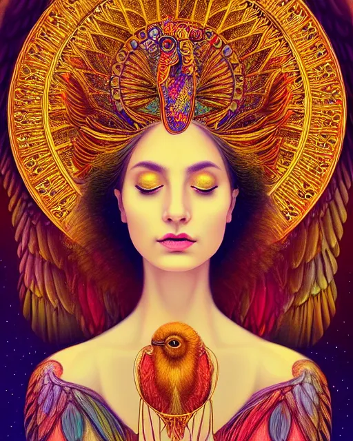 Prompt: portrait of the beautiful young goddess of birds, unusual beauty, etheric, outworldly colours, emotionally evoking symbolic metaphors, head in focus, fantasy, ornamental, intricate, elegant, highly detailed painting style photo, artstation, concept art, painterly, golden ratio, sharp focus, illustration, art by afarin sajedi,