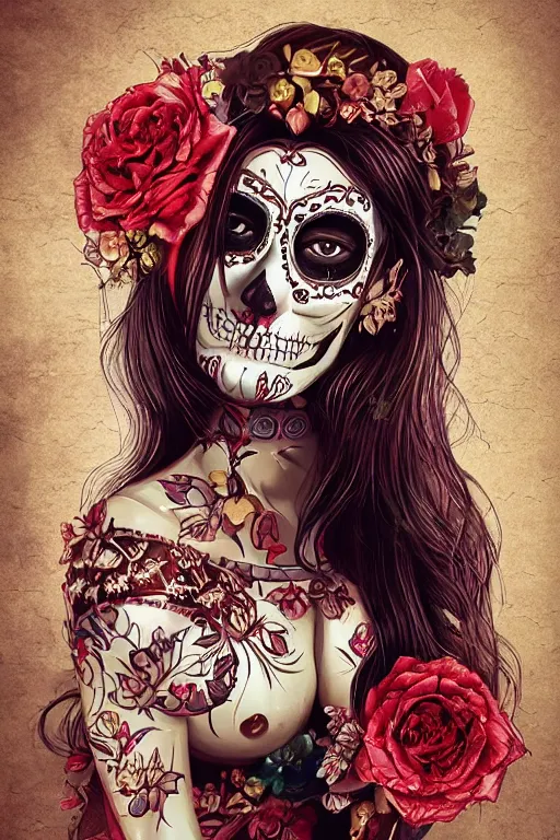 Prompt: Illustration of a sugar skull day of the dead girl, art by WLOP
