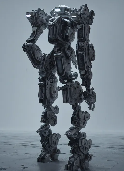 Image similar to a Photorealistic dramatic hyperrealistic render of a futuristic exosuit warrior Mech,Ultra realistic details,glossy white metal,weathered surfaces,by Vitaly Bulgarov and Mike Nash,Beautiful dramatic dark moody tones and lighting,cinematic atmosphere,studio lighting,shadows,dark background, Octane render,8K