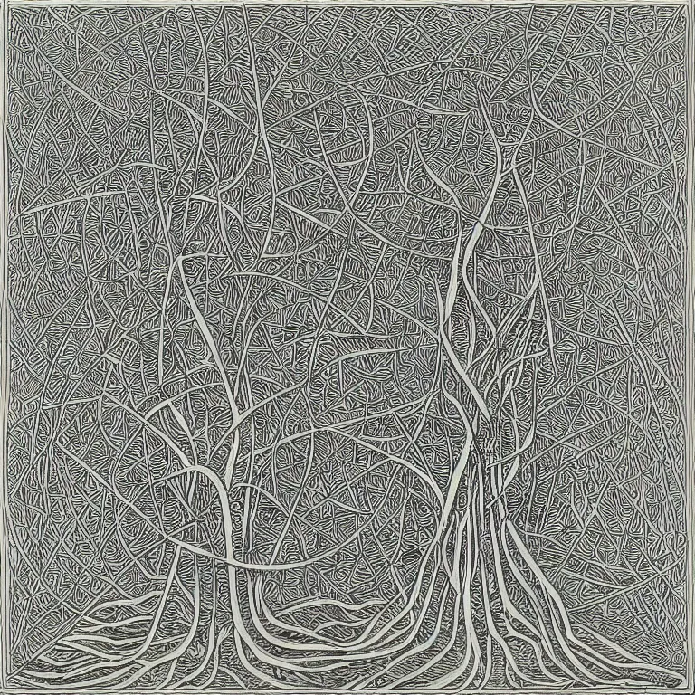 Prompt: “Möbius tree, geometric botanic art by M.C. Escher, symmetry, engraving, 1961”