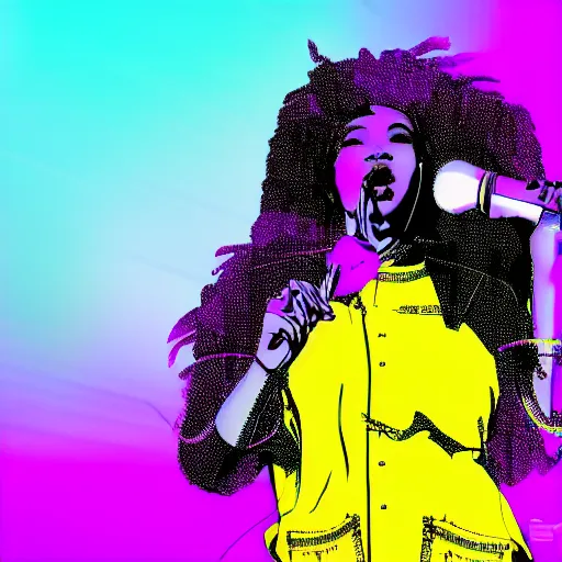 Prompt: beautiful black woman rapping into microphone, wild crowd, hip hop vaporwave, abstract background, neon, photo, detailed, 4k