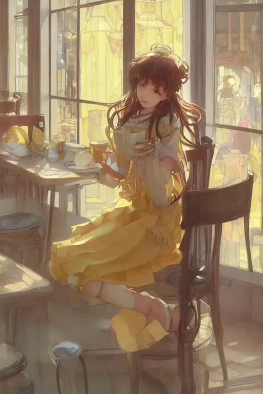 Prompt: A girl in a maid's outfit in a cafe a afternoon, wavy hair yellow theme,S line,45 angel by krenz cushart and mucha and arknights and greg rutkowski