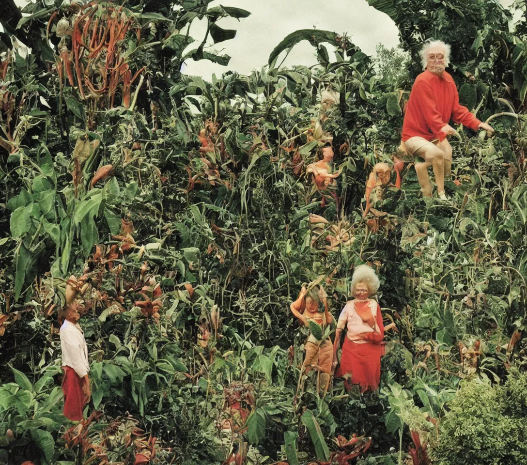Prompt: a 3 5 mm photography, kodachrome of grandparents with strange creatures and alien plants inspired by bosch but in the real life, photos taken by martin parr