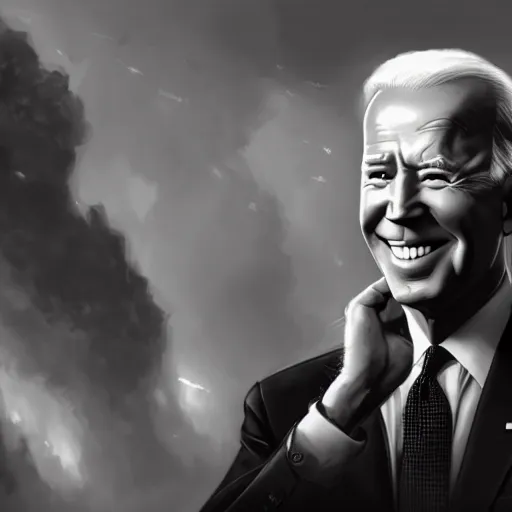 Image similar to joe biden smiling while behind him the world is burning, dramatic lighting, cinematic, establishing shot, extremly high detail, photorealistic, cinematic lighting, artstation, style by James Gurney