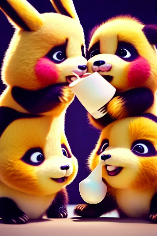 Prompt: high quality 3 d render hyperrealist very cute lowbrow happy panda & fox hybrid eating ice cream, vray smooth, in the style of detective pikachu, very dramatic light, low angle, uhd 8 k, shallow depth or field