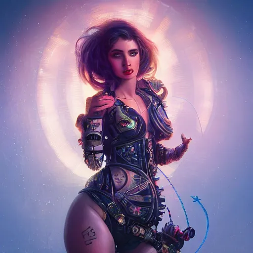 Image similar to portrait futuristic ana de armas steampunk half - cyborg cowgirl, neon light rooftop, fantasy, intricate and very very beautiful and elegant, highly detailed, digital painting, artstation, concept art, smooth and sharp focus, illustration, art by tan zi and ayanamikodon and alphonse mucha and wlop