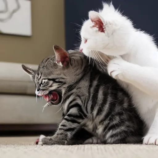 Image similar to a monster kitten tries to eat a man in his living room