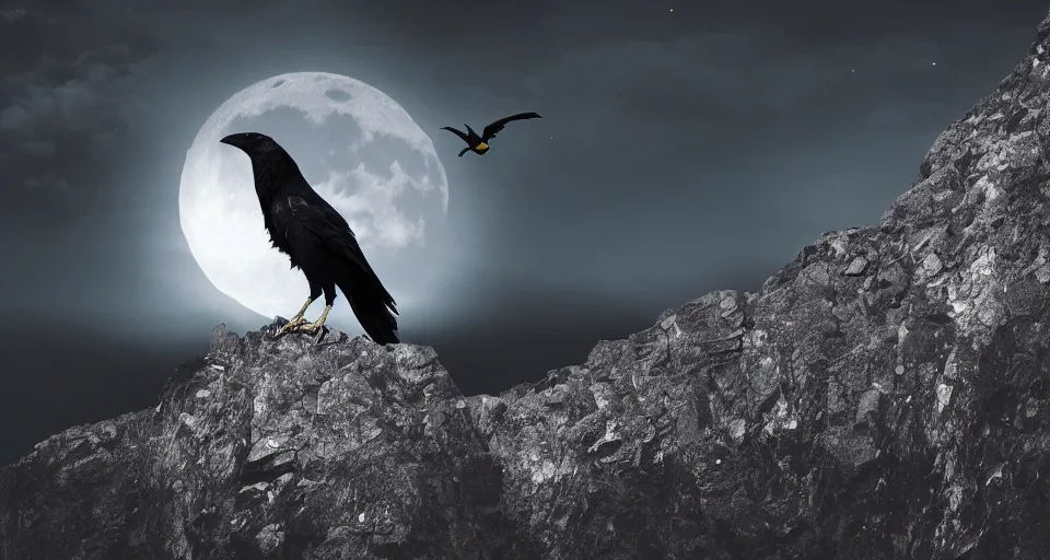 Image similar to fantasy wallpaper of a crow in moon shine, view from the top, black-golden color-theme, cinematic, stunning digital art, extremly high detail