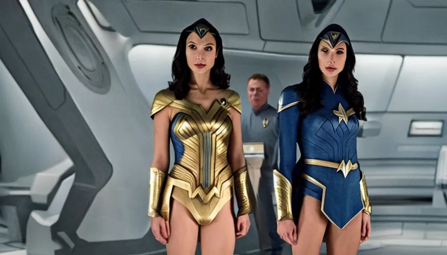 Image similar to Gal Gadot, in full starfleet uniform, is the captain of the starship Enterprise in the new Star Trek movie