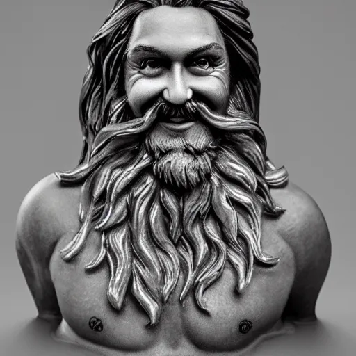 Image similar to a flawless, purely water sculpture of a man with long hair, with trimmed beard, smiling widely. sculpture made of water, extremely detailed, award-winning art, trending on Artstation