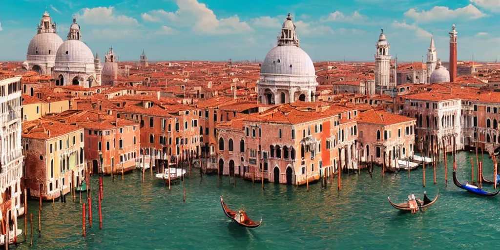 Image similar to ultra detailed and realistic painting of venice ( italy ) inspired by very beautiful cute and colored disney movie backgrounds, rendered in 8 k unreal engine