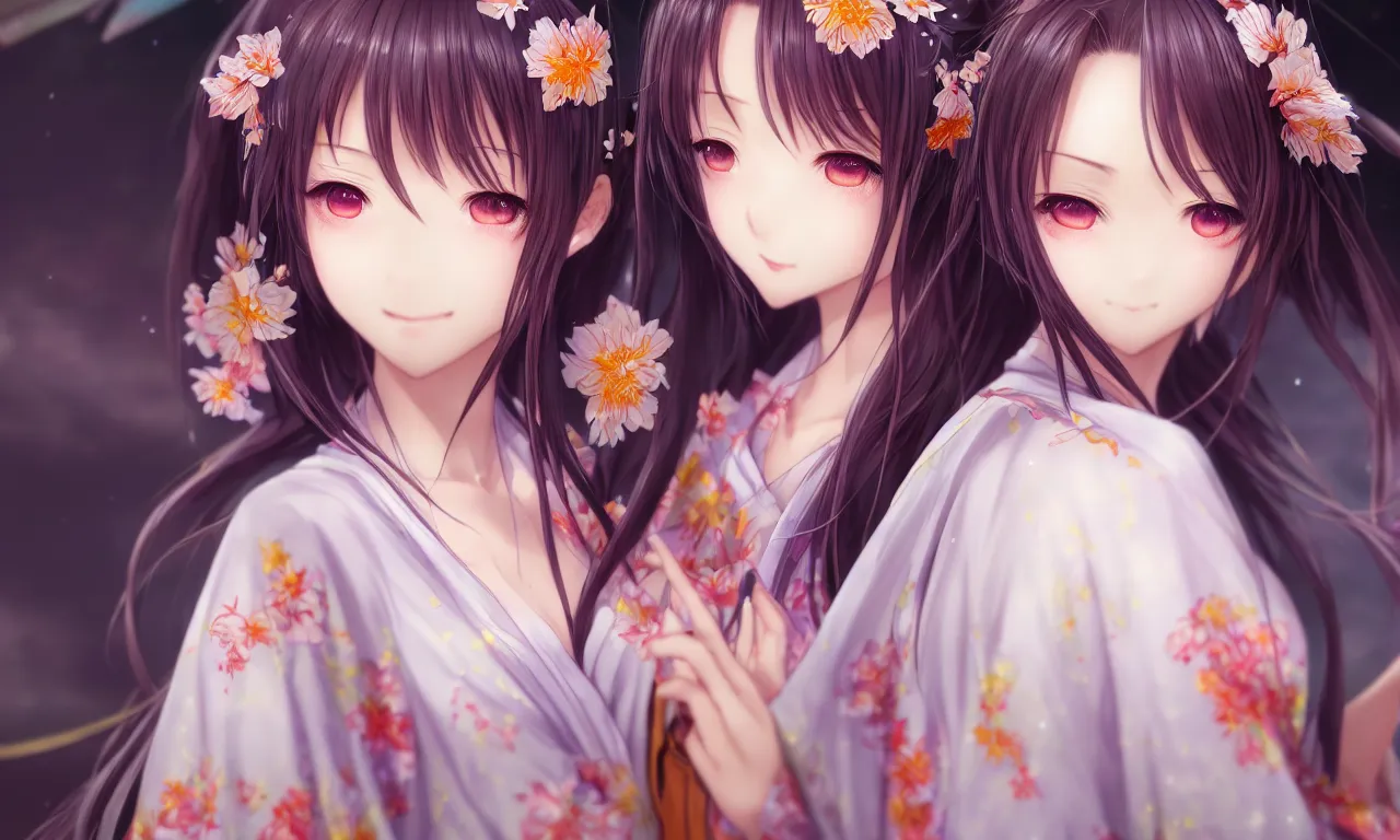 Prompt: portrait three beautiful anime girls wear coctail kimono closeup macro | | sunny night, full moon, dreamlike art, realistic shaded, smile, good looking, hyper details, 4 k realistic, cryengine, realistic shaded lighting poster by artgerm, ross tran, fuji choko, 8 k resolution, trending on artstation, luxury