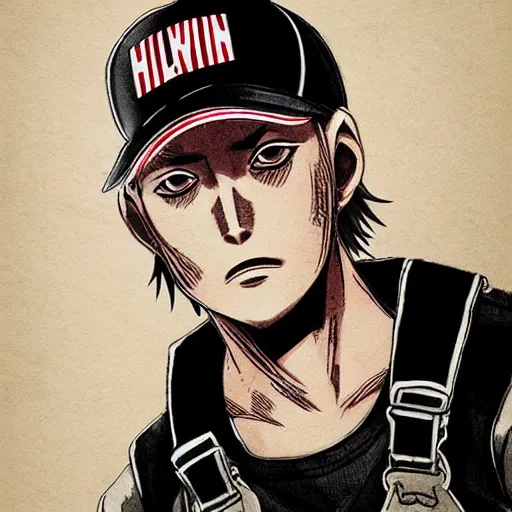 Prompt: Anime Hillbilly American delinquent wearing overalls and a baseball cap, concept art, highly detailed, high quality