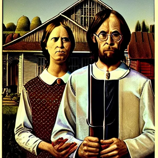 Prompt: satan and jesus in the style of american gothic