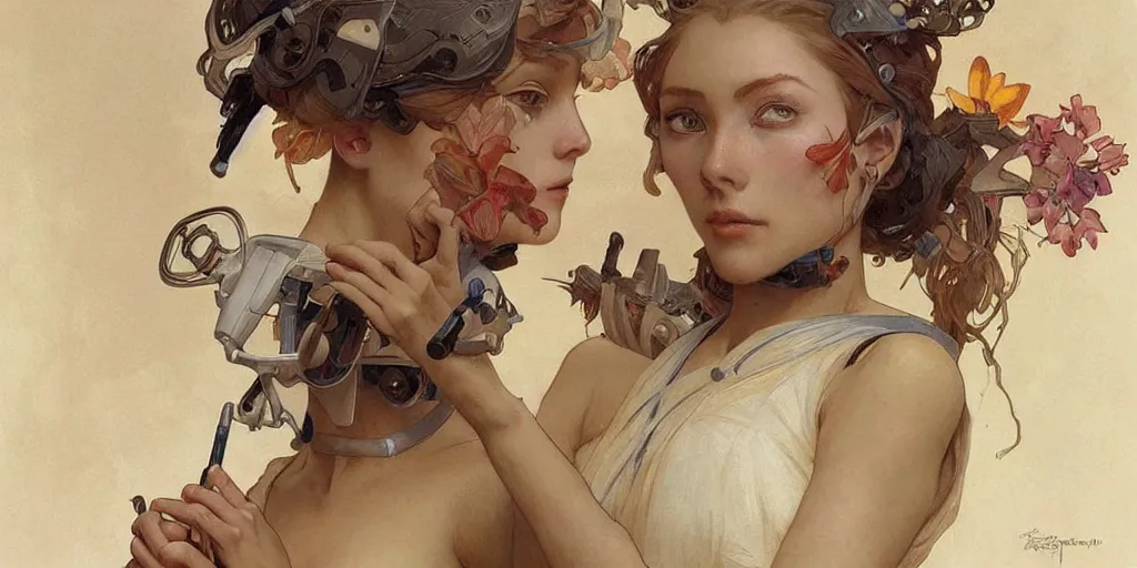 Image similar to female robot holding paintbrush, incredibly detailed face, pretty face, true anatomy, art by artgerm and greg rutkowski and alphonse mucha