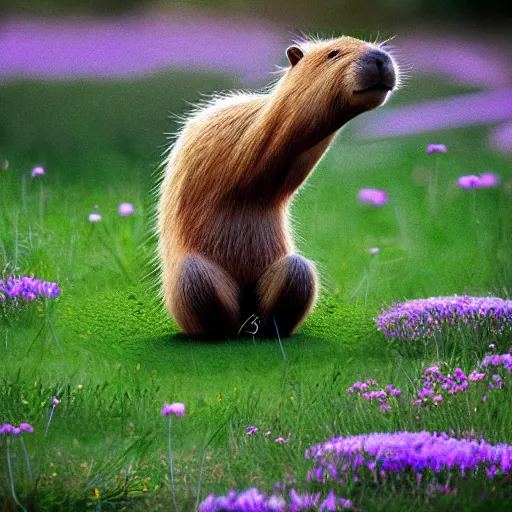 Prompt: “photorealistic capybara performing tai chi, hd, centered, sharp focus, octane render, trending on art station, wildflower field background, highly detailed, high quality”