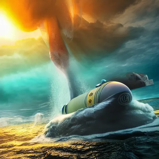 Prompt: photo by national geographic, a small submersible submarine being chased by a gigantic megaladon, 4 d, 4 k, volumetric lighting, photorealistic, light ray, hyperdetailed