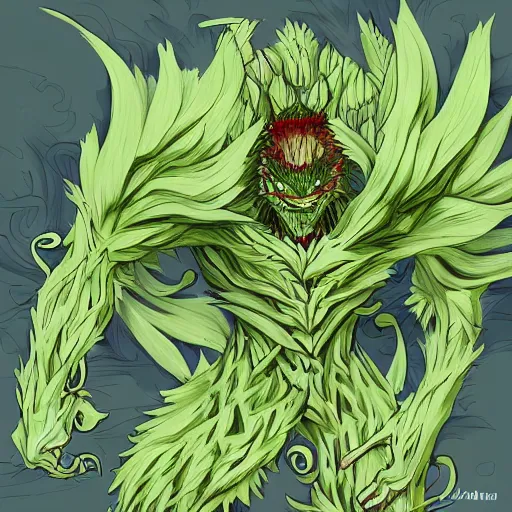 Image similar to a monster made of plants, anime art style, trending on art station