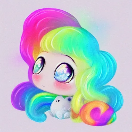 Prompt: cutest tiny fantasy cloud animal, with rainbow hair, hd, japanese anime artist drawn, dlsr, dream animal cute eyes, trending on artstation, cotton candy