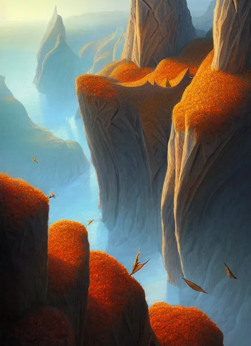 Image similar to autumn mornings in the low - poly cliffs of illusions, diffuse lighting, fantasy, intricate, surrealism!!!!, highly detailed, lifelike, photorealistic, digital painting, artstation, illustration, concept art, smooth, sharp focus, by greg rutkowski, chris tulloch mccabe, valentina remenar and asher duran,