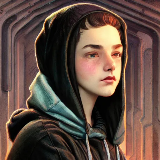 Image similar to character portrait of a 1950s teenage girl in a hoodie, dystopian cyberpunk steampunk mood, intricate, wild, highly detailed, digital painting, artstation, upper body, concept art, smooth, sharp focus, illustration, art by artgerm and greg rutkowski and alphonse mucha