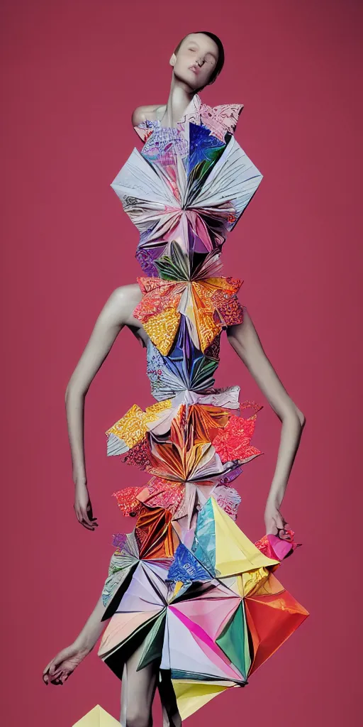 Image similar to portrait of a beautiful model wearing origami themed paper flower and geometric shapes haute couture by issey miyake